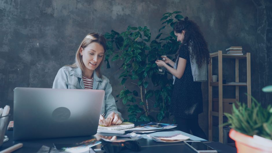 Two women working in a stylish office with laptops and greenery.